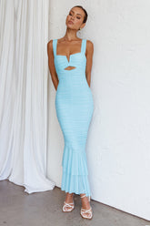 Nadia Ruched Fishtail Maxi Dress Light Blue